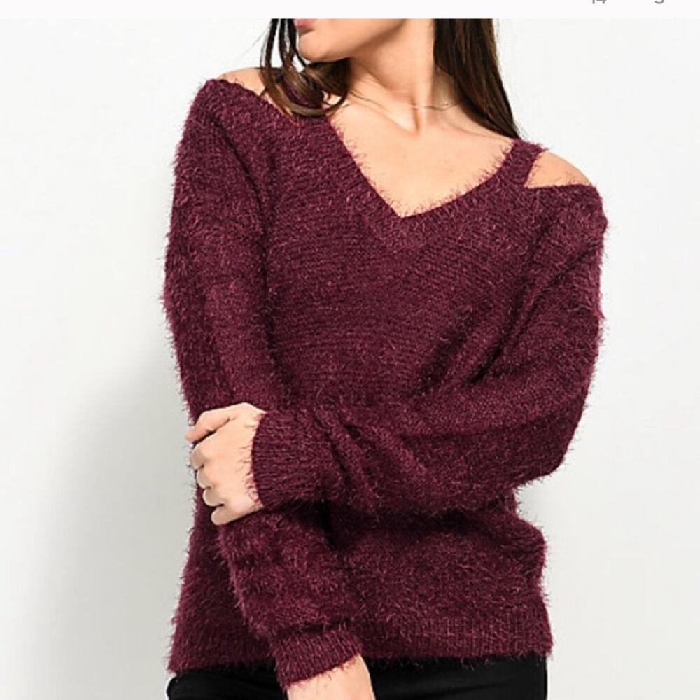 Almost Famous Fuzzy Bea Cold Shoulder Sweater